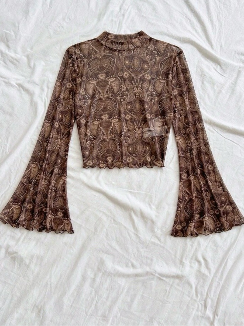 Brown Paisley Long-Sleeve Mesh Crop Top
